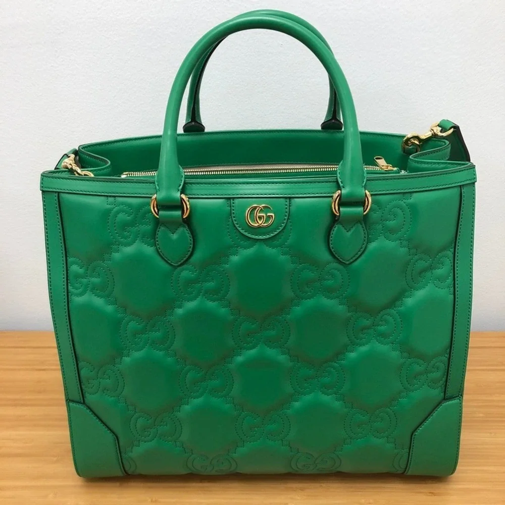 Gucci GG Matelasse Tote Women Large Green Leather Quilted Gold Hardware Bag